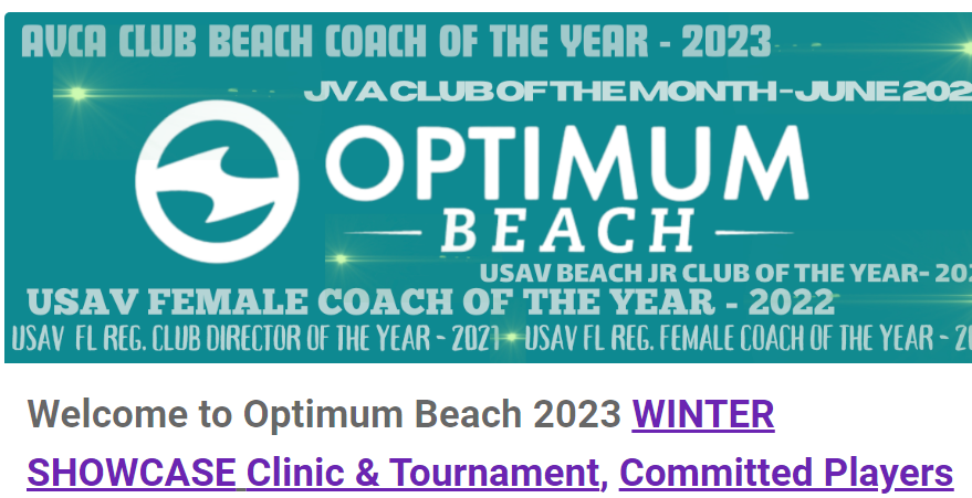 Read more about the article Optimum Beach: 2023 GIRLS WINTER SHOWCASE! College Recruiting Clinic, Tournament and Stay & Play QOB